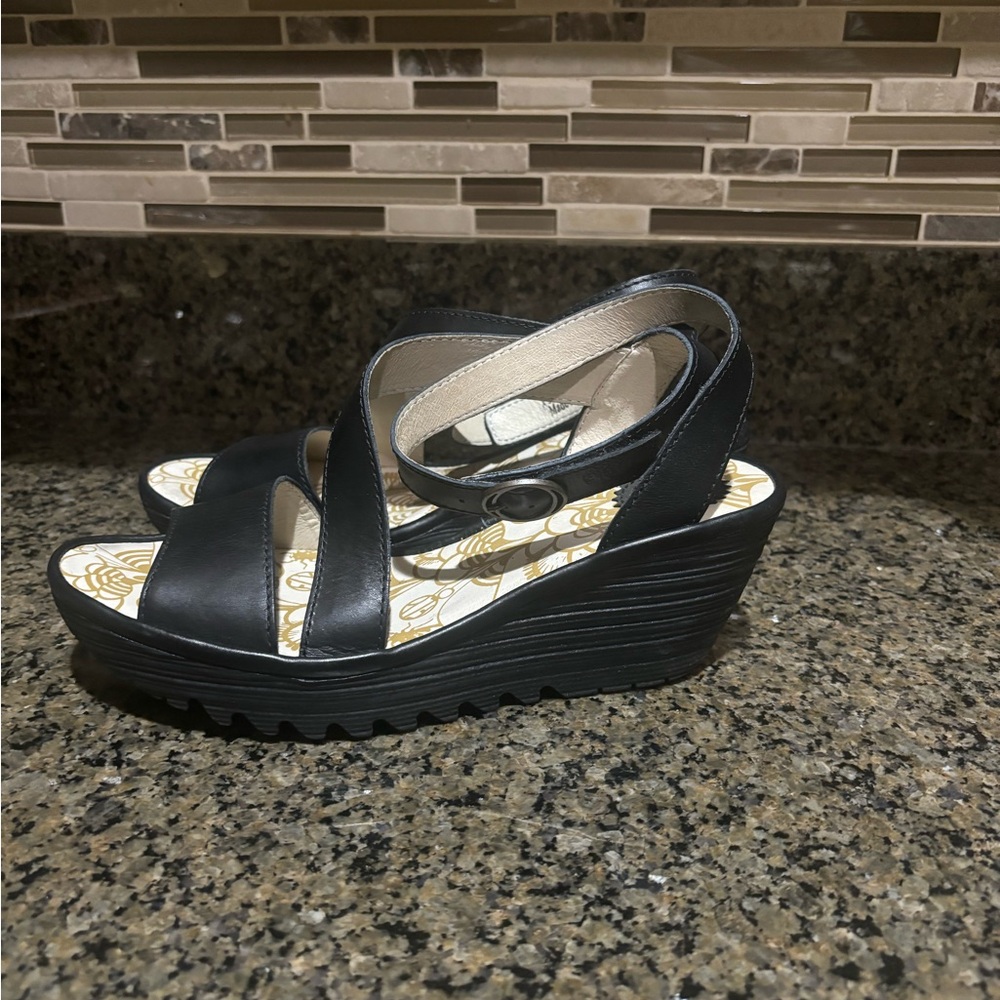Fly London Black ankle strap sandals